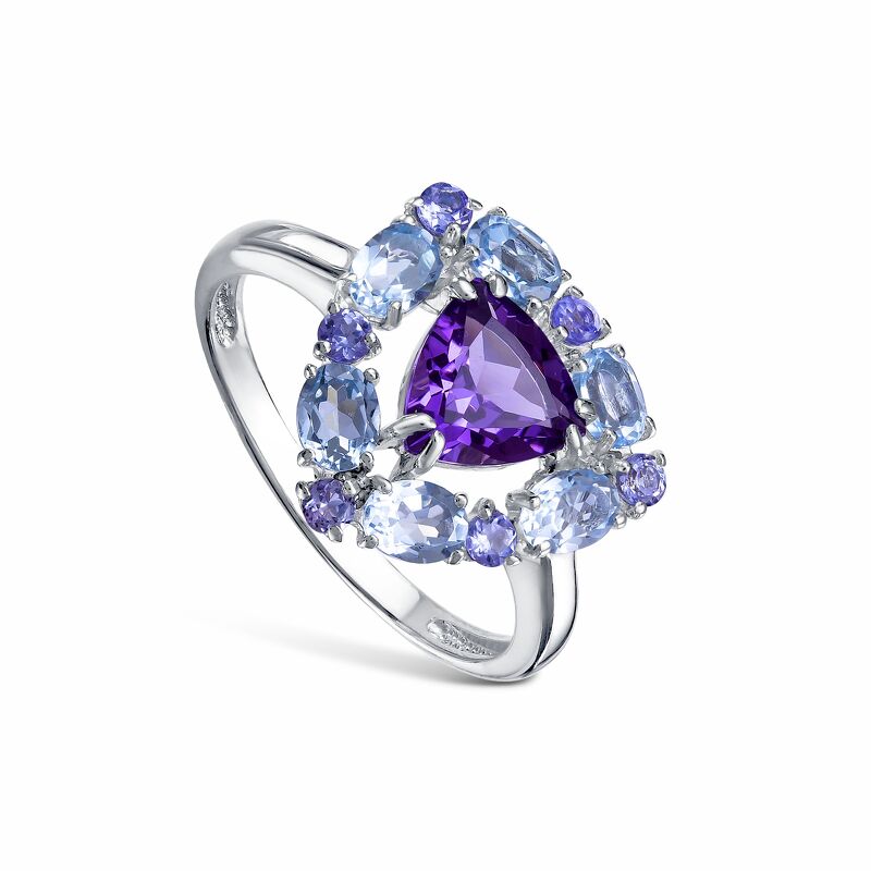 Серебряное кольцо с топазами, аметистом и танзанитами