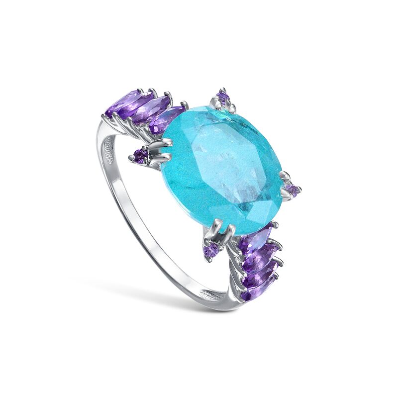 Серебряное кольцо с параиба ситаллом и аметистами