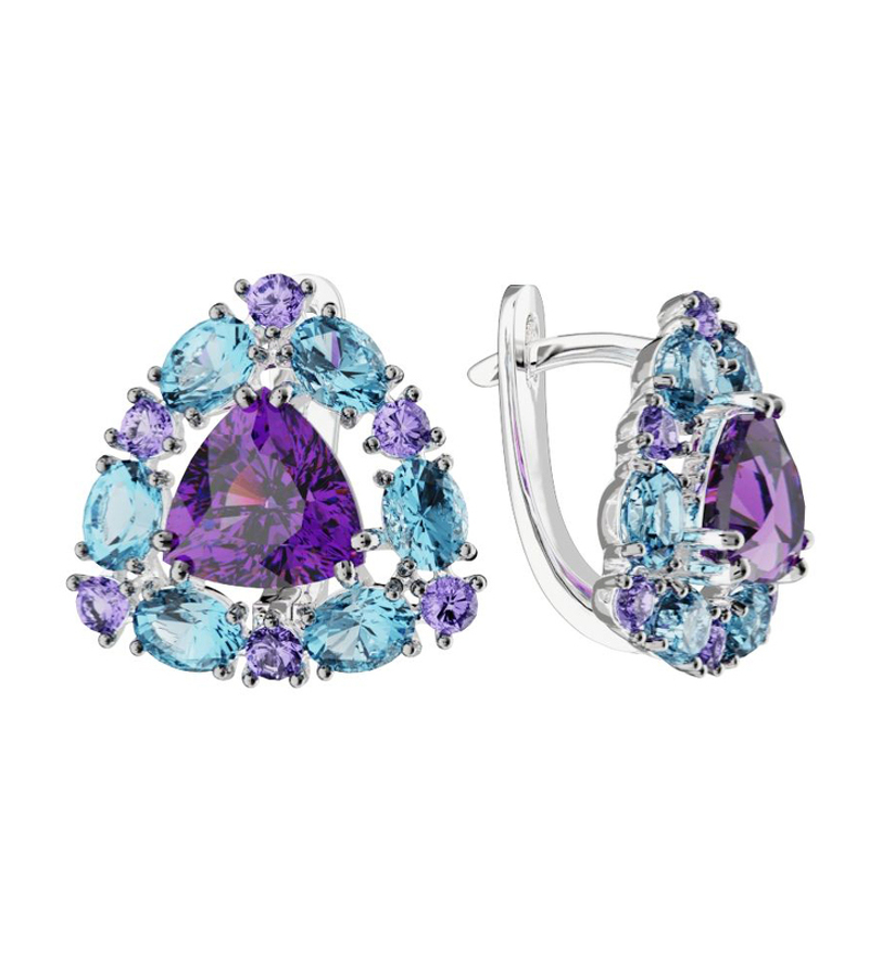 Серебряные серьги с топазами, аметистом и танзанитами