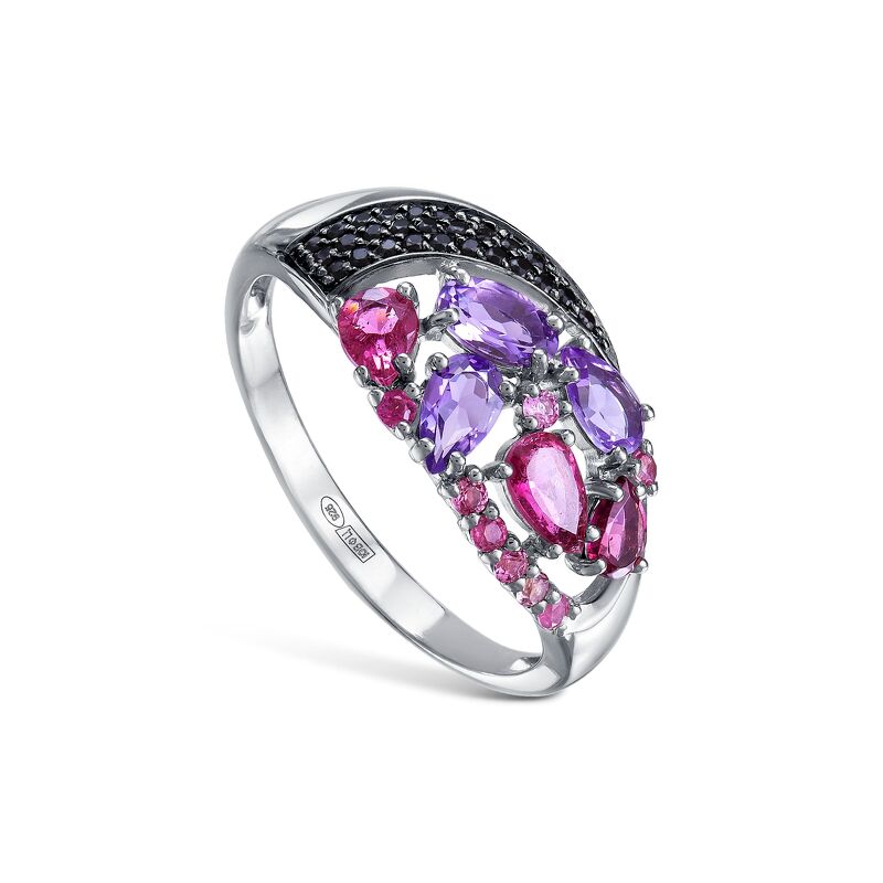 Серебряное кольцо с аметистами, турмалинами и шпинелями