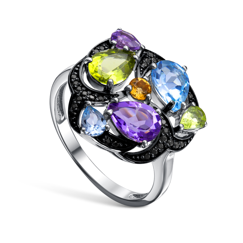 Серебряное кольцо с топазом, аметистом и миксом камней