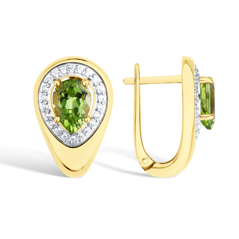 Серебряные серьги с хризолитом и фианитами